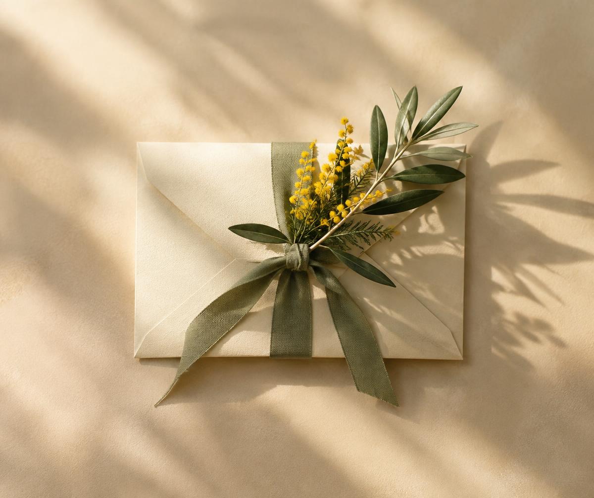Bon cadeau massage noué d'un ruban sauge et de mimosa